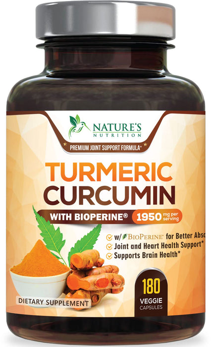 Turmeric Curcumin Supplement 1950mg - 95% Curcuminoids with Organic Turmeric & BioPerine Black Pepper Extract for Best Absorption, Nature's Vegan Joint Support, Non-GMO, Bottled in USA - 180 Capsules