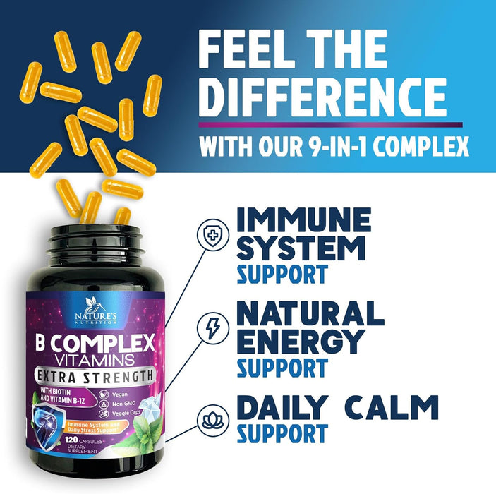 B Complex Vitamins Capsules with Vitamin B6 B12 B100 C Biotin Folate & Folic Acid – 120 Capsules