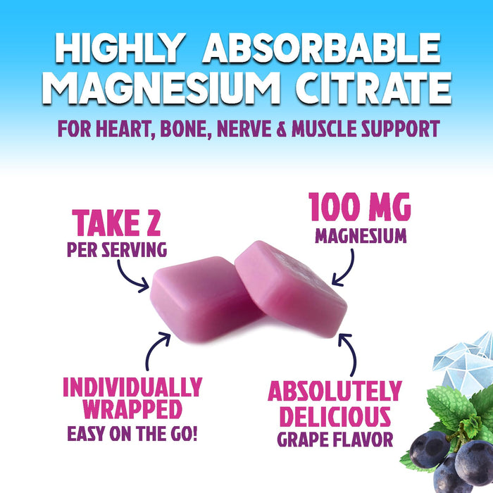 Magnesium Citrate Supplement Gummies 100mg - High Absorption Magnesium Citrate Soft Chews for Heart, Muscle, Calm, & Nerve Health Support, Vegan Chewable Gummies for Adults, Grape-Flavor - 60 Count