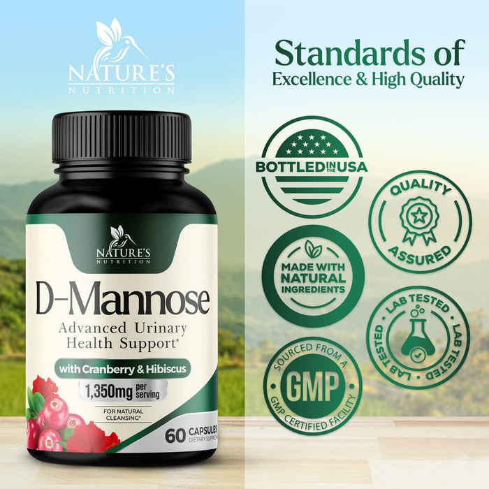 D-Mannose Supplement 1,350 mg with Cranberry & Hibiscus - Effective Fast-Acting, Flush The Impurities for Natural Bladder, Urinary Tract Health Support, for Women and Men, Non-GMO, Vegan, 60 Capsules