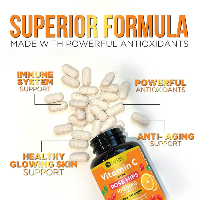 Vitamin C 1000mg Chewable Supplement - Extra Strength Immune Support Vitamin C Dietary Supplement with Rose HIPS, Nature's VitaminC Antioxidant Support, Natural, Vegan, Orange Flavor - 120 Tablets