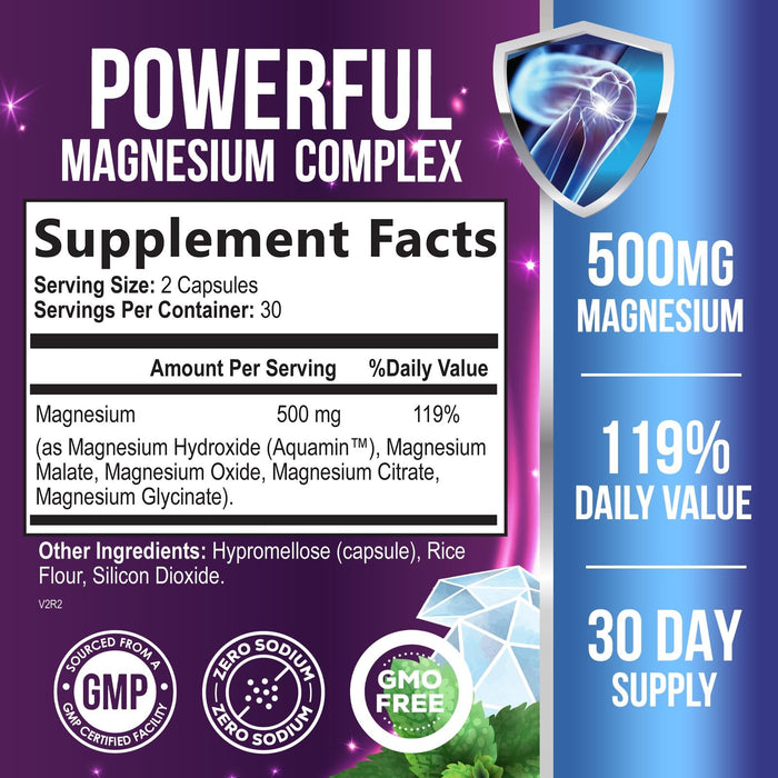 Magnesium Complex Capsules 500 mg with Oxide, Glycinate, Malate, Citrate - High Absorption Complex Chelated Magnesium Mineral Supplements - for Muscle, Bone and Heart Health Support - 60 Capsules