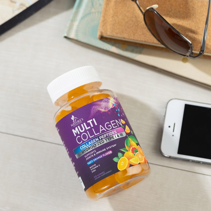 Collagen Gummies for Women with Vitamin C, Zinc & Biotin - Hydrolyzed Protein Type 1 & 3 Multi Collagen Peptides Supplement - Support for Hair, Skin, Nails & Joints, Gluten Free Complex - 60 Gummies