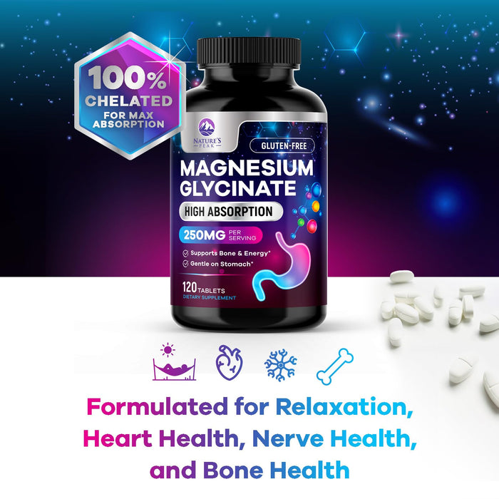 Magnesium Glycinate Chelated for Max Absorption - Supports Bone, Muscle, Nerves & Heart Health, Nature's Sleep and Stress Support, Best Magnesium Supplement Pills for Whole Body Support - 120 Tablets