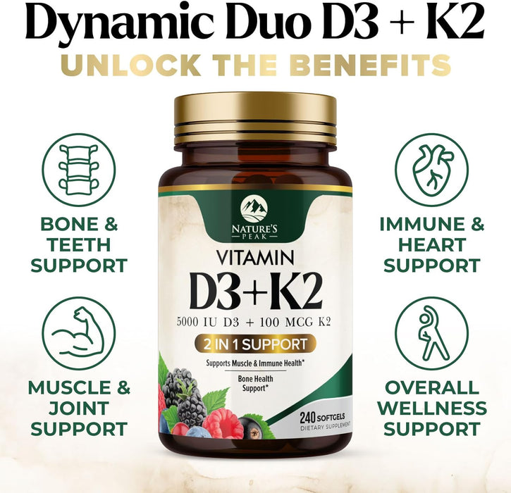 D3 K2 Vitamin 5000 IU | 2-in-1 Vitamin D 5000iu & Mk7 Vitamin K 100 mcg Dietary Supplement for Bone & Immune Support, Bottled in USA, Easy to Swallow, Gluten Free, Non-GMO I 240 D3K2 Complex Softgels