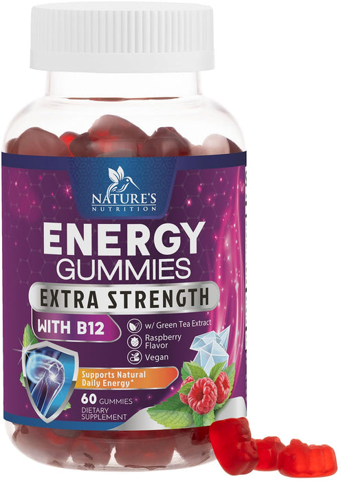 Energy Gummies 1000 mcg Vitamin B12, Green Tea Natural Caffeine Support, Daily Energy Gummies Vitamins, Delicious Berry Flavor B12 Chewable Exercise Supplement for Running Cycling & Sports - 60 Chews
