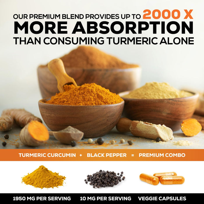 Turmeric Curcumin Supplement 1950mg - 95% Curcuminoids with Organic Turmeric & BioPerine Black Pepper Extract for Best Absorption, Nature's Vegan Joint Support, Non-GMO, Bottled in USA - 240 Capsules