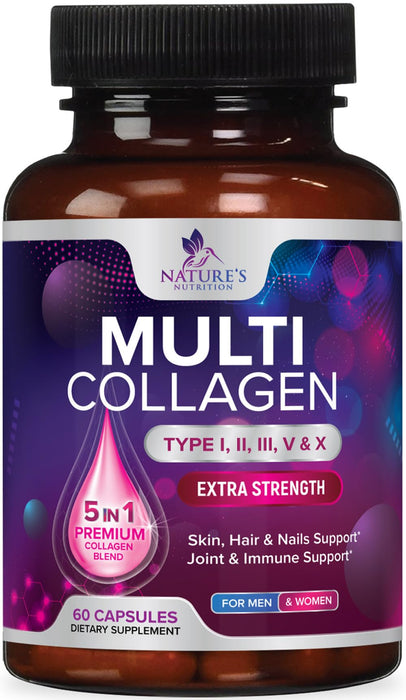 Multi Collagen Peptides Supplement - Hydrolyzed Types I, II, III, V & X Multi Collagen Pills, Hydrolyzed Collagen Peptides Supplements, Hair, Skin, Nail, and Joint Support Supplement, 60 Capsules