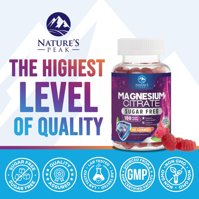 Magnesium Citrate Supplement Gummies Sugar-Free, High Absorption Magnesium Gummy Supplements for Women & Men, Supports Sleep, Heart Health, Bones and Muscles, for Relaxation & Digestion - 60 Gummies