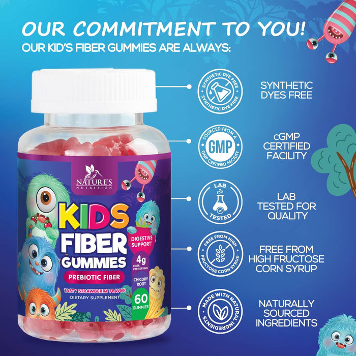 Fiber Gummies for Kids, Daily 4g Gummy Fiber Supplement, Prebiotic Digestive Health Support - Nature's Plant Based Soluble Fiber, Supports Regularity & Digestion for Kids Non-GMO - 60 Gummies