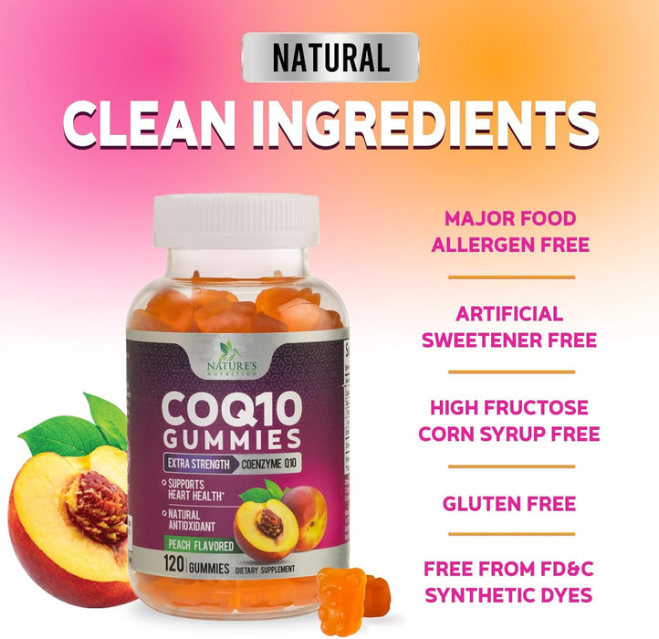 Nature's Nutrition CoQ10 Gummies 100mg – High Absorption Coenzyme Q10 Supplement for Heart Health, Energy & Antioxidant Support – Peach Flavor Gummy, Vegan, Non-GMO, Gluten Free – 120 Count
