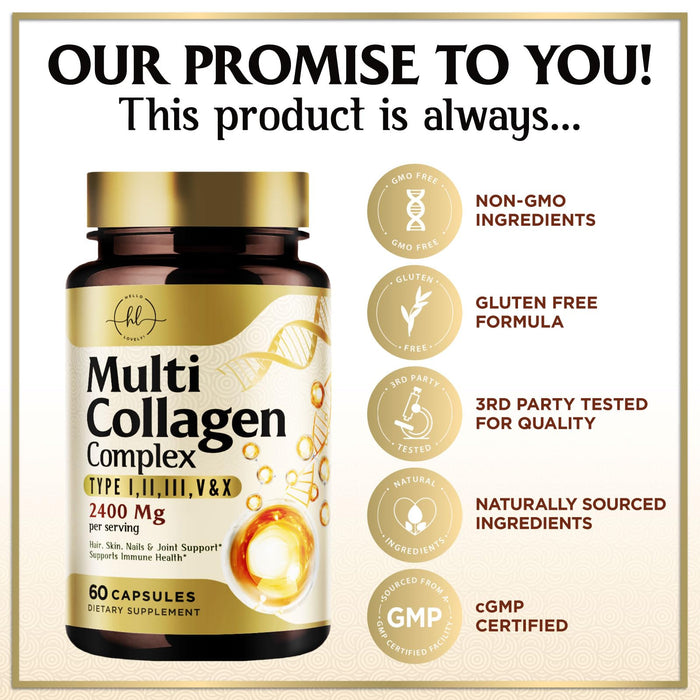 Multi Collagen Peptides for Women – 2400mg Best Hydrolyzed Collagen Complex with 5 Types (I, II, III, V, X) - Grass Fed – Hair, Skin, Nail, Bone & Joint Support for Beauty & Wellness – 60 Capsules