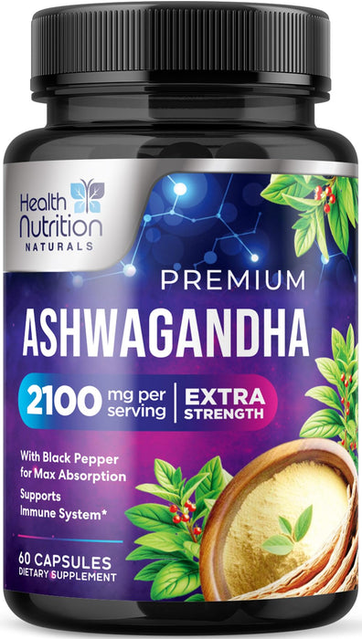 Ashwagandha Supplement 2100mg - Extra Strength Herbal Root Extract, Best Ashwagandha Supplements for Men & Women, Restore, Unwind, Calm Support Formula, Vegetarian, Non-GMO, Gluten-Free, 60 Capsules