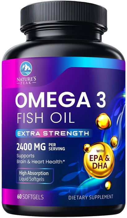 Omega 3 Fish Oil 2400 mg Supplement, Sustainably Sourced, Triple Strength Omega-3 Supplement Softgels, Brain Health Support, EPA & DHA Fish Oil Fatty Acids Supplements, Gluten & GMO Free, 60 Softgels