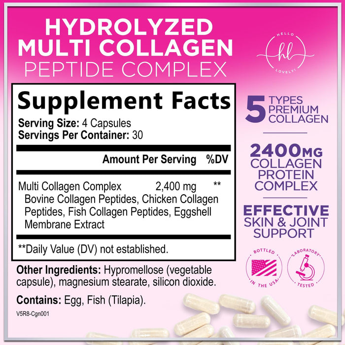 Multi Collagen Peptides Supplement - Hydrolyzed Types I, II, III, V & X Multi Collagen Pills, Hydrolyzed Collagen Peptides Supplements, Hair, Skin, Nail, and Joint Support Supplement, 120 Capsules