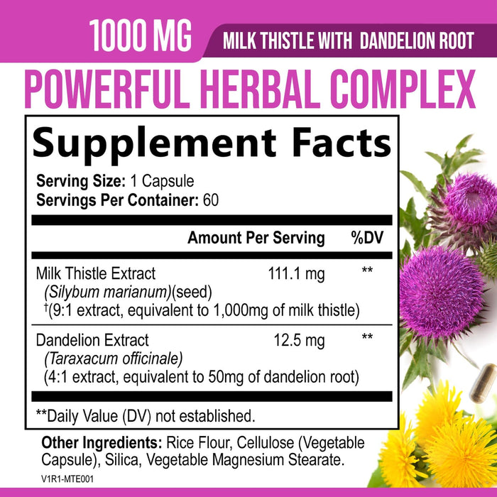 Milk Thistle Supplement - Liver Cleanse Detox & Repair Formula 1000mg with Dandelion - Nature's Herbal Milk Thistle Extract Supplements w/Silymarin Marianum, Supports Liver Health - 60 Capsules