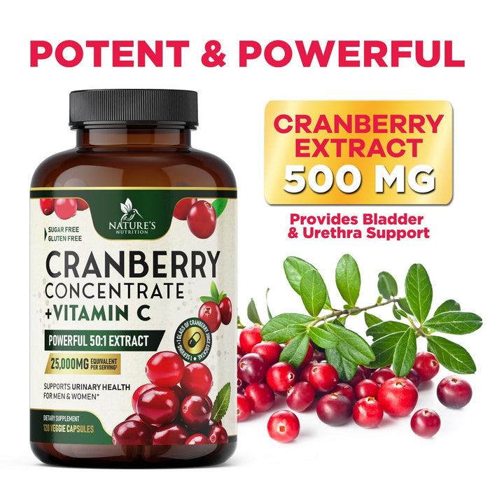 Cranberry Pills for Women - 500 mg Natural Urinary Tract Health Support - Concentrated Formula from Whole Fruit Cranberry & Vitamin C - Sugar Free, Gluten Free, Non-GMO Supplement - 120 Capsules