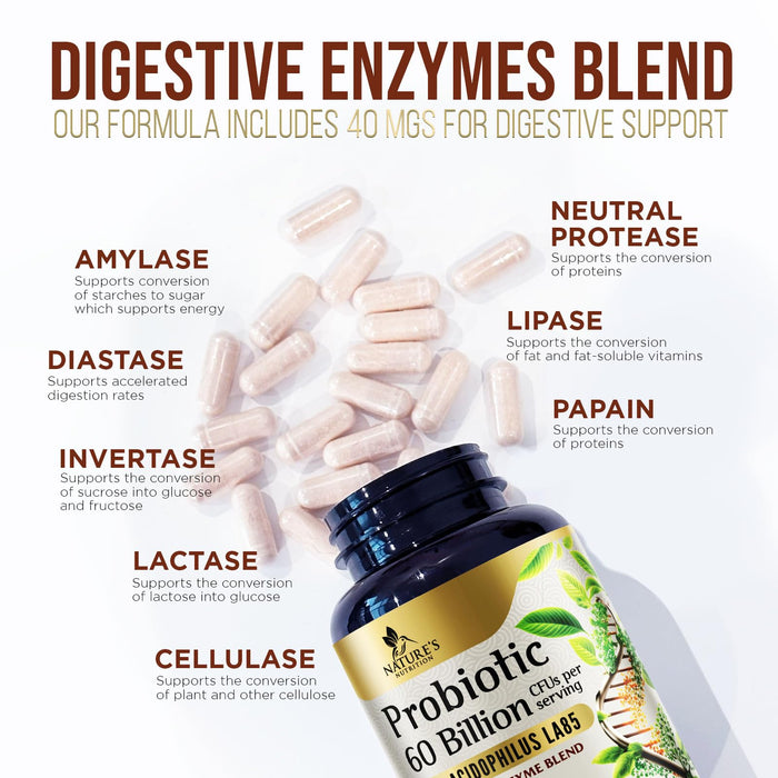 Probiotics for Women & Men - 60 Billion CFU 10 Strains + Prebiotics - Digestive Health, Gut & Immune Support - Support for Occasional Constipation, Gas & Bloating - Non-GMO Shelf Stable - 60 Capsules