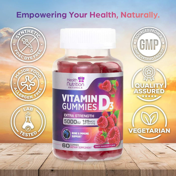 Vitamin D3 Gummies 5000 IU (125 mcg) - Extra Strength Immune Support, Bone, Teeth and Muscle Vitamin D Gummy Dietary Supplement, Nature's Berry D Vitamin Supplement, Raspberry, Non-GMO - 60 Gummies