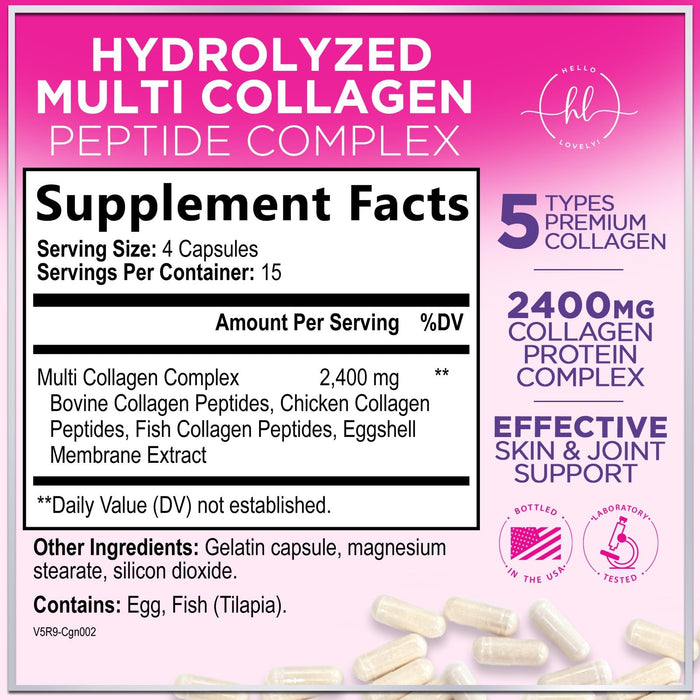Multi Collagen Peptides Supplement - Hydrolyzed Types I, II, III, V & X Multi Collagen Pills, Hydrolyzed Collagen Peptides Supplements, Hair, Skin, Nail, and Joint Support Supplement, 60 Capsules