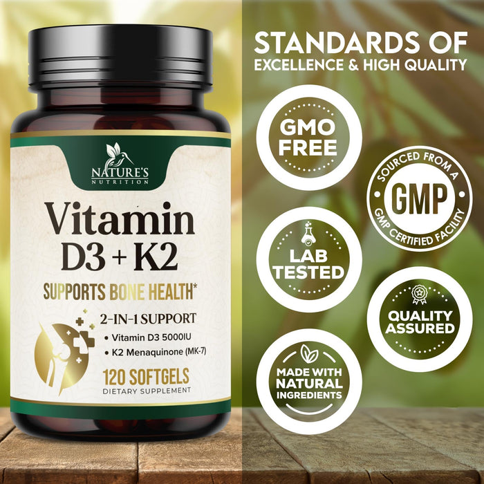 Vitamin D3 K2 5000 IU Plus with K2 (MK-7) 100 mcg - Vitamins D & K Complex Supplement for Bone, Teeth, Muscle, Calcium Absorption, Supports Immune & Heart Health, Non-GMO, Oil Formula - 120 Softgels