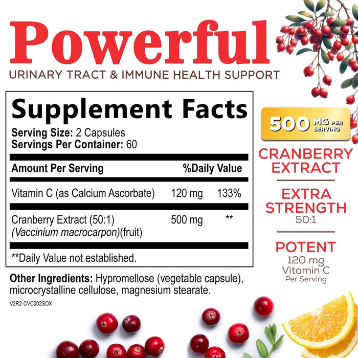 Cranberry Supplement Pills 25,000mg - High Potency Vitamin C Cranberry for Women & Men, Urinary Tract Health Support, Sugar Free, Gluten Free, Non-GMO, Cranberry Concentrate Extract - 120 Capsules