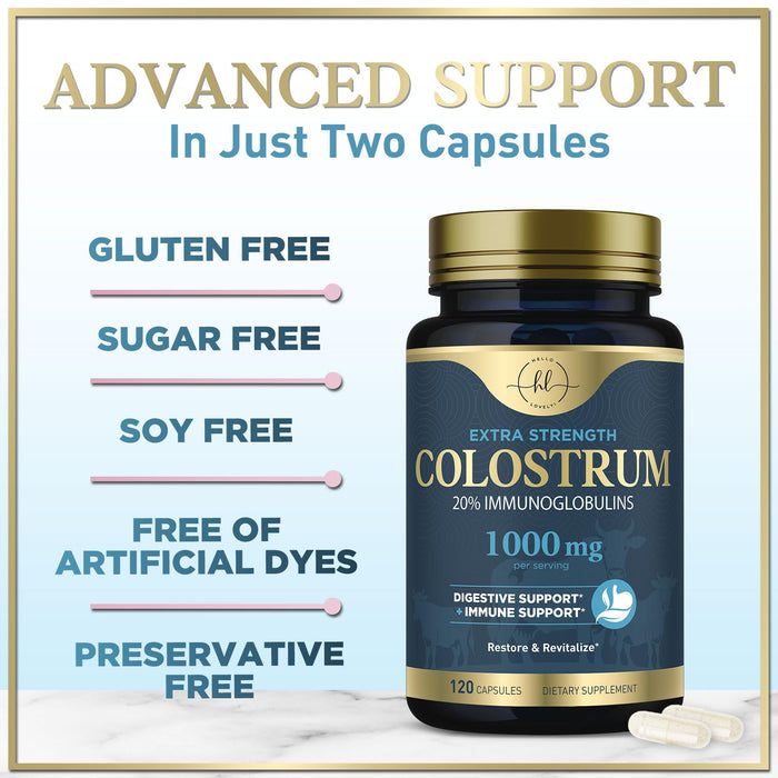 Colostrum 1000mg 20% IgG Immunoglobulins - Gut Health, Digestion & Immune Support, Bovine Colostrum Powder for Women, Muscle, Skin & Hair Growth Support, Bottled in the USA, Gluten Free - 120 Capsules