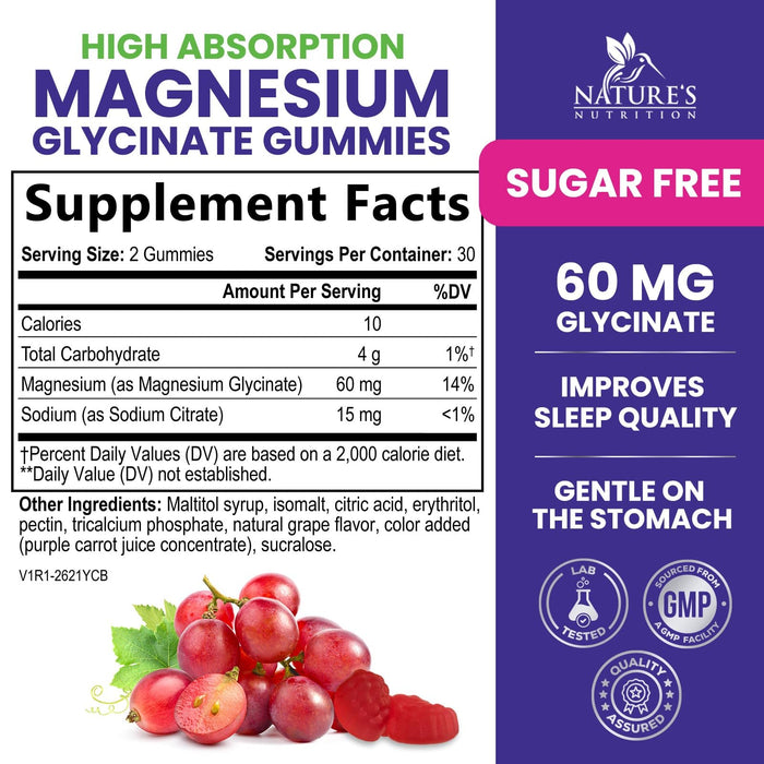 Magnesium Glycinate Supplement Gummies - Magnesium Supplement with Bone Muscle Heart Health & Sleep Support - Gentle on Stomach & Chelated for Max Absorption - Grape Flavor & Sugar Free - 60 Gummies
