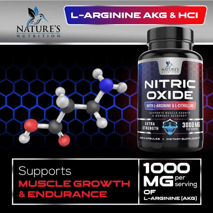 Nitric Oxide Formula with L-Arginine + Citrulline – 3000mg – 240 Capsules