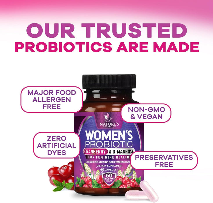 Probiotics for Women 60 Billion CFU - 16 Strains, Prebiotics & Cranberry, PH Balance, Digestive Health, Vaginal & Immune Support, Womens Probiotic for Gut Health, Shelf Stable - 60 Capsules