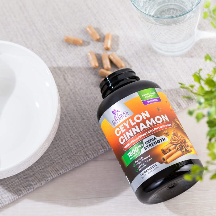 Organic Ceylon Cinnamon Supplement 1800mg - Certified Organic Ceylon Cinnamon Powder Pills - Energy & Heart Support for Women & Men, Bottled in USA, Antioxidant, Gluten Free, Non-GMO - 240 Capsules