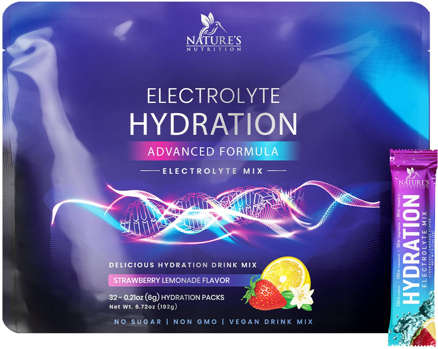 Hydration Electrolyte Packets - Daily Liquid Replenisher Powder - Electrolyte Multiplier with Minerals, Potassium & Real Salt - Vegan, Non-GMO - Tasty Lemon Flavor Hydration Electrolytes - 32 Servings
