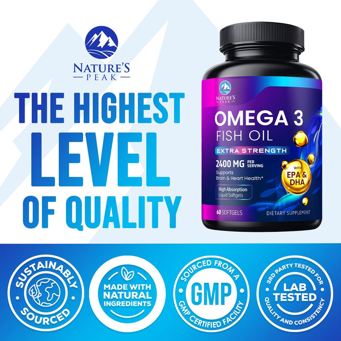 Omega 3 Fish Oil 2400 mg Supplement, Sustainably Sourced, Triple Strength Omega-3 Supplement Softgels, Brain Health Support, EPA & DHA Fish Oil Fatty Acids Supplements, Gluten & GMO Free, 60 Softgels