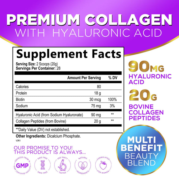 Collagen Peptides Powder Unflavored - Supports Hair, Nail, Skin, Bone & Joint Health - Grass Fed Hydrolyzed Powder Type I & III, Best Collagen Supplements with Hyaluronic Acid & Biotin - 28 Servings