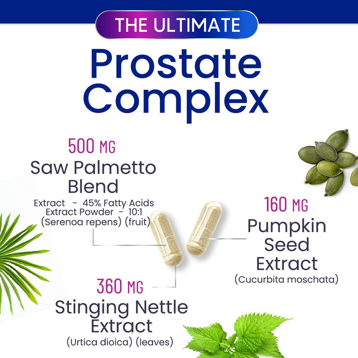 Prostate Health Supplements for Men - Potent 3X Formula with Saw Palmetto, Stinging Nettle, Pumpkin Seed Extract, Bottled in USA, Prostate Supplement for Urinary Support, Vegan, Non-GMO, 60 Capsules