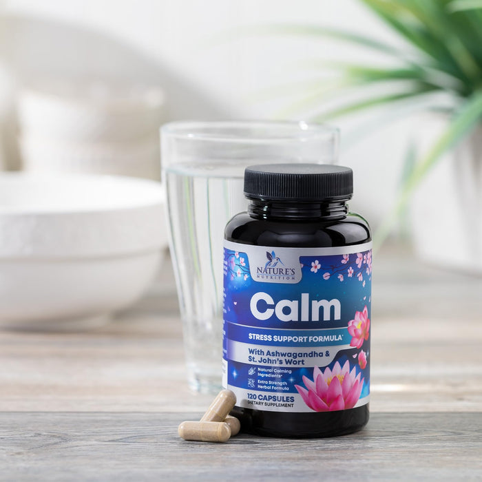 Natural Calm, Unwind & Relax Support with Ashwagandha, GABA, Magnesium, 5-HTP, L-Theanine & B Vitamins, Natural Focus, Energy & Immune Support - Nature's Non-GMO, Vegan, Gluten Free - 120 Capsules