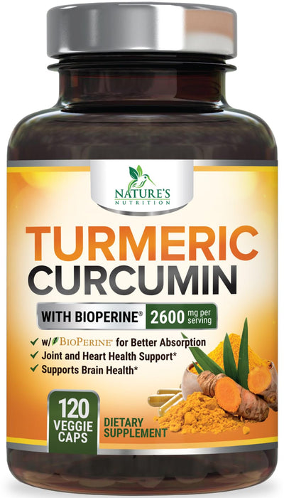 Turmeric Curcumin Supplement with BioPerine 95% Curcuminoids 2600mg with Black Pepper for Best Absorption, Bottled in USA, Best Natural Vegan Joint Support, Nature's Non-GMO Tumeric - 120 Capsules