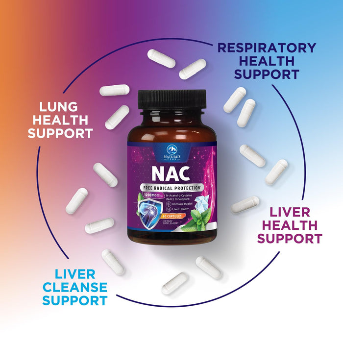 N-Acetyl Cysteine (NAC) 1200 mg – Premium Antioxidant & Immune Support - Glutathione Precursor for Liver, Lung & Respiratory Support – Nature's Fast Absorption, Non-GMO, Gluten-Free - 60 Capsules