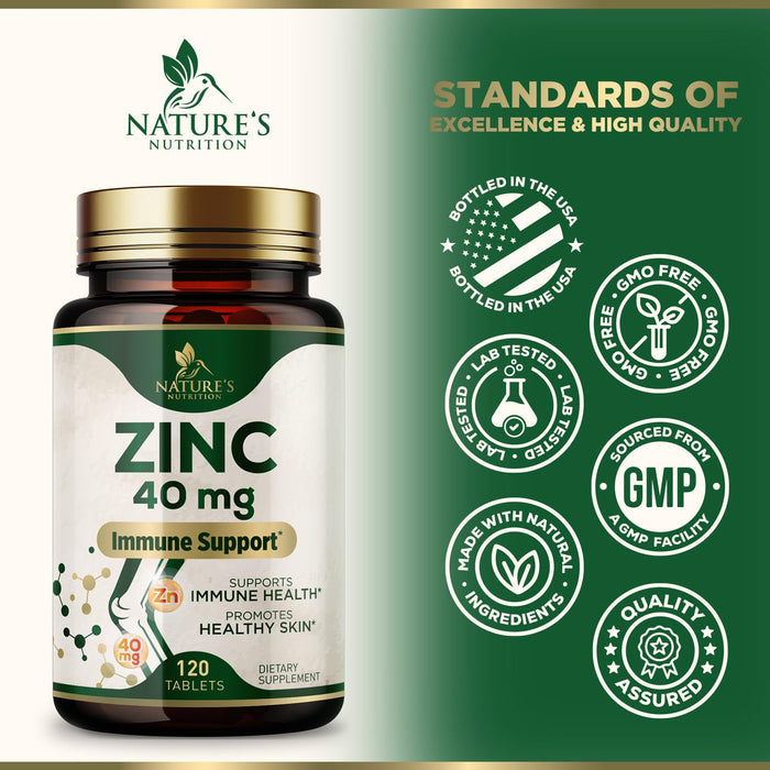 Zinc 40mg Supplements for Women and Men, Supplement for Immune Health Support, Skin Health Support, & Antioxidant Supplement for Adults with Zinc Gluconate 40 mg, High Potency, Non-GMO - 120 Tablets