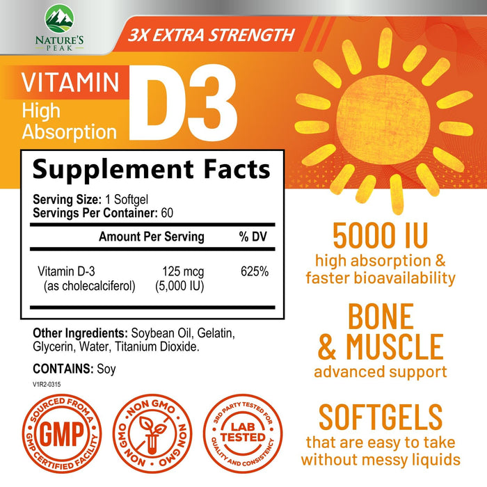 Vitamin D3 5000 IU Softgels (125 mcg) - Extra Strength Vitamins D-3 Dietary Supplement for Bone, Teeth, Muscle Health & Immune Support, Rapid Absorbtion Mini D Softgel, Non-GMO, Gluten Free - 60 Count