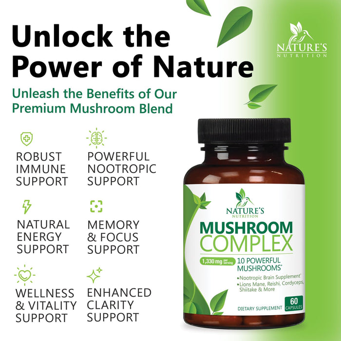 Mushroom Supplement Nootropic 1330mg - 10 in 1 High Strength Brain Supplements Mushroom Complex with Lions Mane, Turkey Tail, Reishi, Cordyceps & Chaga for Memory, Brain & Focus Support - 60 Capsules