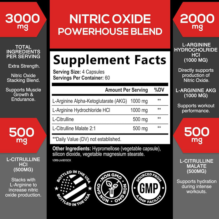 Extra Strength Nitric Oxide Supplement 3X Strength L Arginine, Citrulline Malate, AAKG, Beta Alanine - Premium Muscle Supporting Nitric Booster - Natural Energy & Heart Health Support - 240 Capsules