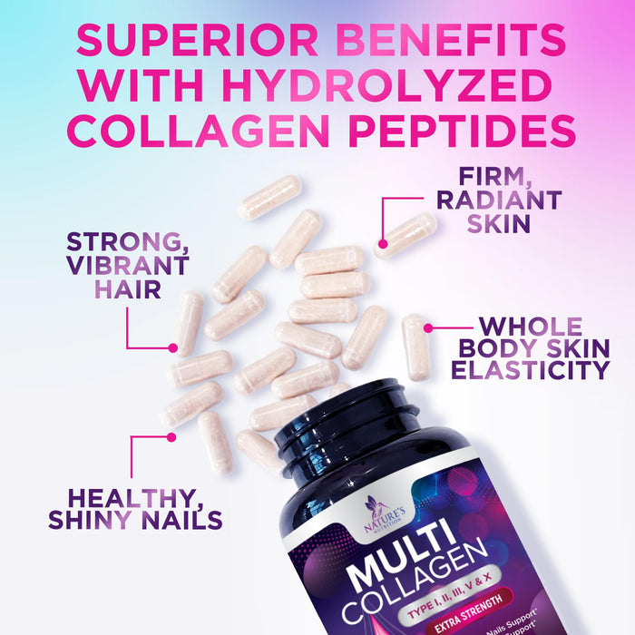 Multi Collagen Peptides Supplement - Hydrolyzed Types I, II, III, V & X Multi Collagen Pills, Hydrolyzed Collagen Peptides Supplements, Hair, Skin, Nail, and Joint Support Supplement, 60 Capsules