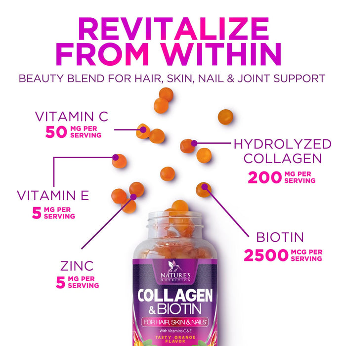 Collagen Gummies with 2500mcg Biotin, Vitamin C & Zinc - Hydrolyzed Collagen Peptide Type 1 & 3 Supplement - Advanced Hair, Skin & Nail Growth Support for Women & Men, Gluten Free, Non-GMO - 60 Count