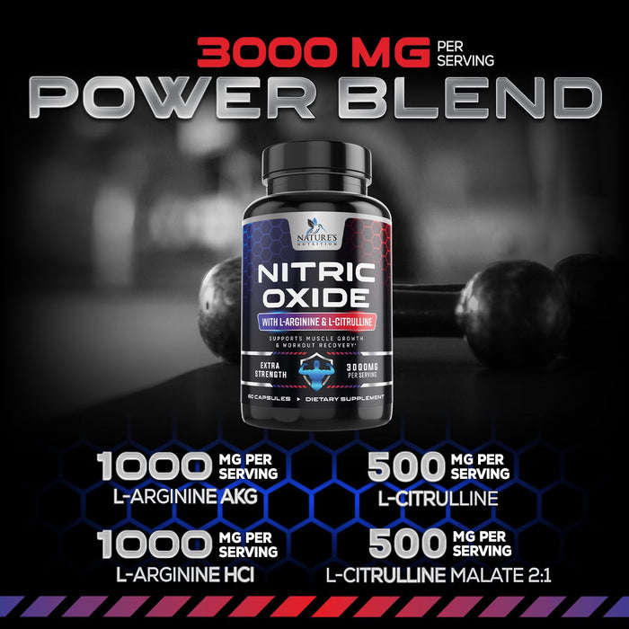 Nitric Oxide Formula with L-Arginine + Citrulline – 3000mg – 60 Capsules