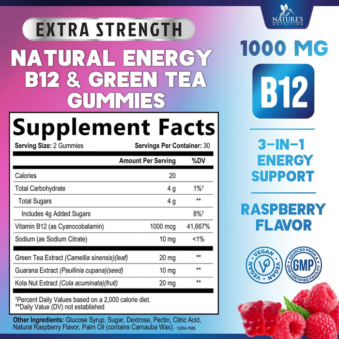 Energy Gummies 1000 mcg Vitamin B12, Green Tea Natural Caffeine Support, Daily Energy Gummies Vitamins, Delicious Berry Flavor B12 Chewable Exercise Supplement for Running Cycling & Sports - 60 Chews