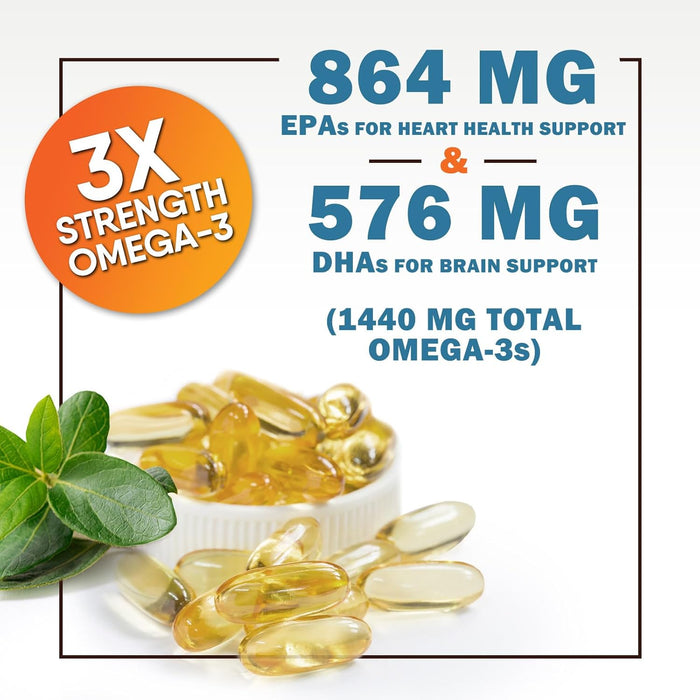 Omega 3 Fish Oil 2400 mg - Triple Strength EPA & DHA Fatty Acids for Heart, Brain & Joint Support Wild-Caught, Burpless, Lemon Flavor Supplement Natural, Non-GMO, Gluten-Free - 120 Softgels