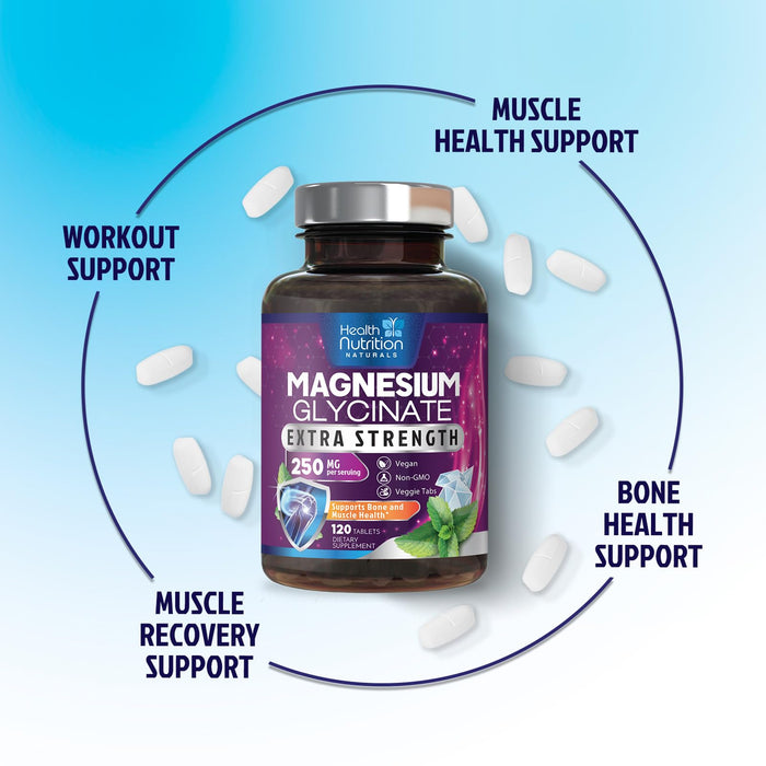 Magnesium Glycinate 250mg - 100% Chelated Magnesium for Max Absorption - Sleep Support, Muscle, Nerves, Bone & Heart Health Support, Best Mag Supplement, Vegan Non-GMO, 3rd Party Tested - 120 Tablets