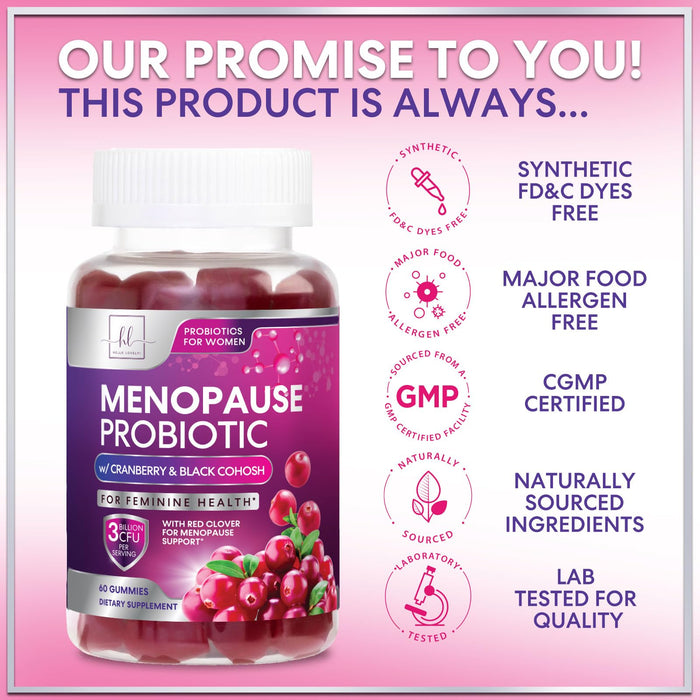 Menopause for Women Gummies with Black Cohosh Cranberry 3 Billion CFU Probiotics – 60 Gummies