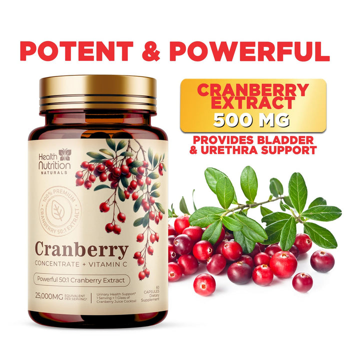 Cranberry Supplement Pills 25,000mg - High Potency Vitamin C Cranberry for Women & Men, Urinary Tract Health Support, Sugar Free, Gluten Free, Non-GMO, Cranberry Concentrate Extract - 60 Capsules
